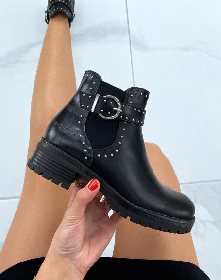 Black bi-material croc-effect studded ankle boots with silver strap