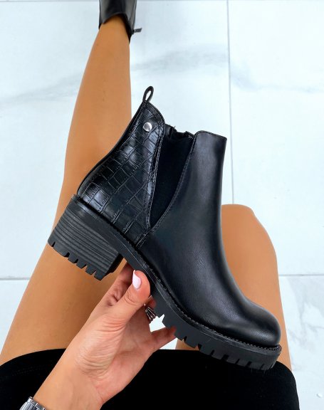 Black bi-material crocodile-effect ankle boots with high cut elastic