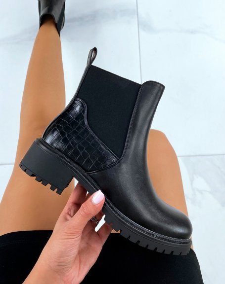 Black bi-material heeled ankle boots