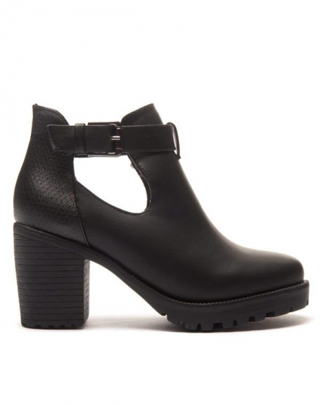 Black bi-material openwork ankle boot with thick heel