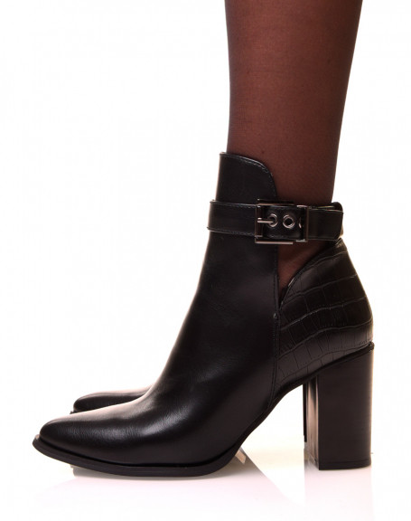 Black bi-material pointed toe and heel ankle boots