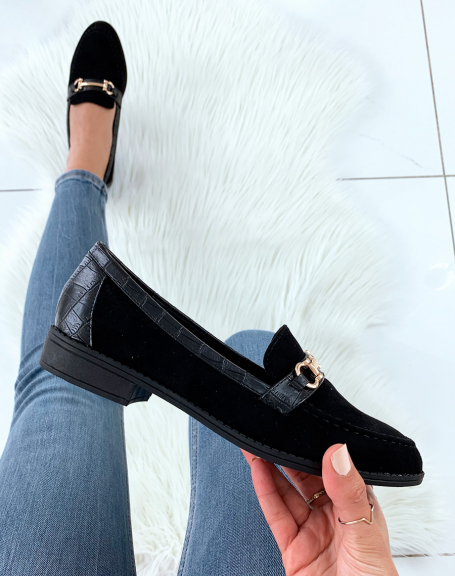 Black bi-material suede and crocodile loafers