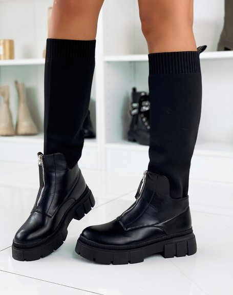 Black bi-material zipped sock-effect boots with lug sole
