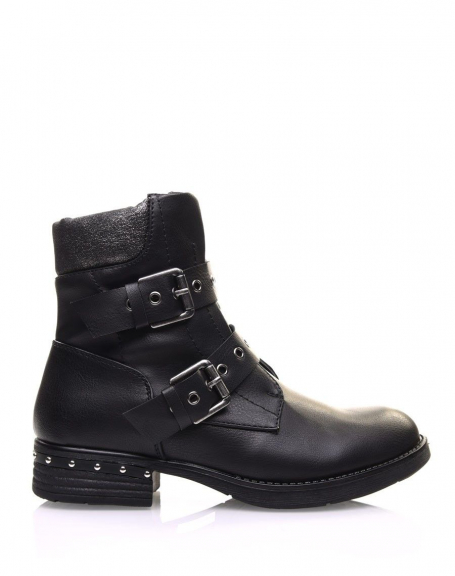 Black buckled strap boots