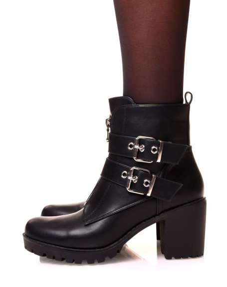 Black chunky heel ankle boots with zip front straps