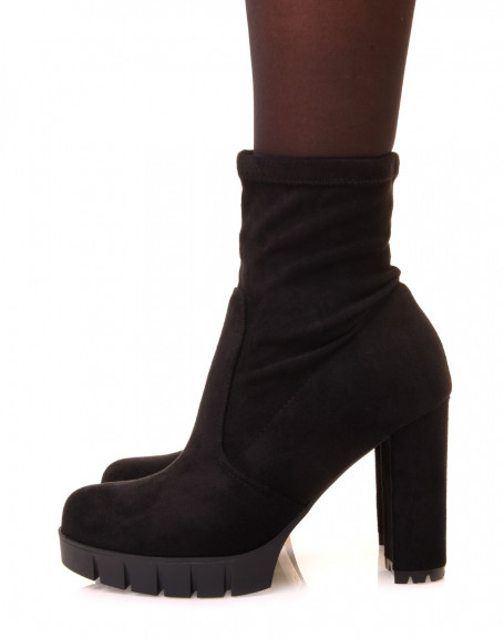 Black chunky platform suedette heeled ankle boots
