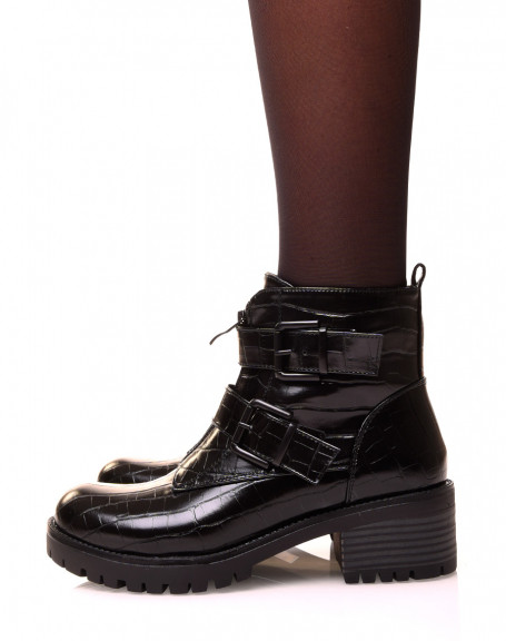 Black cocro-effect ankle boot with multiple straps