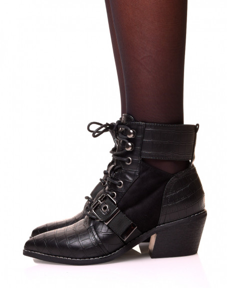Black cowboy boots with suede and croc-effect laces