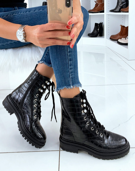 Black croc-effect ankle boots