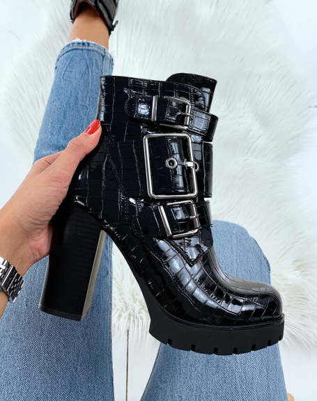 Black croc-effect ankle boots with triple big buckles