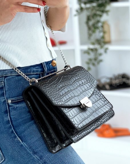 Black croc-effect bag with silver chain shoulder strap