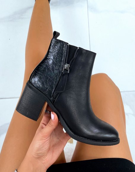 Black croc-effect bi-material square heel ankle boots