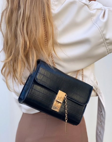 Black croc-effect cross-body bag with gold detail