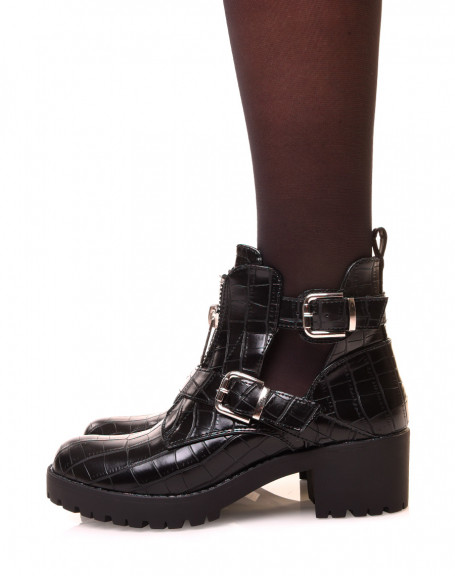 Black croc-effect double-strap open ankle boots