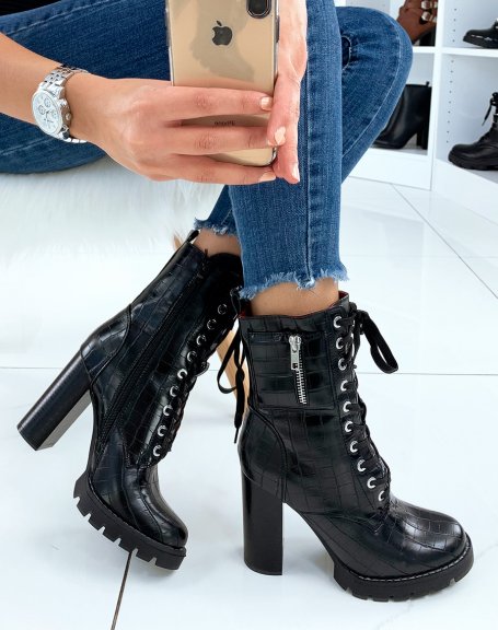 Black croc-effect heeled ankle boots with small pocket