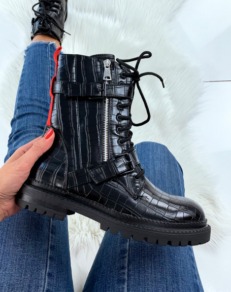 Black croc-effect high ankle boots