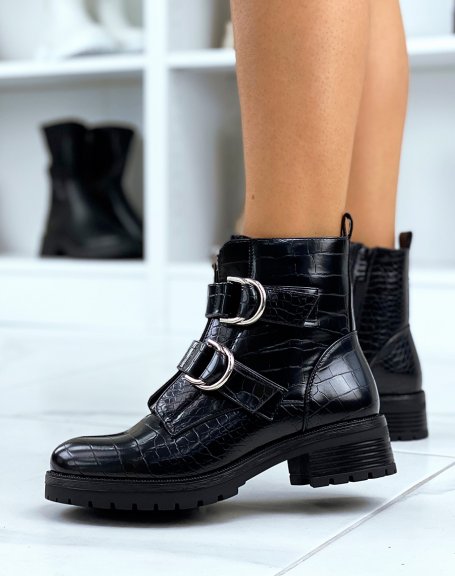 Black croc-effect high ankle boots