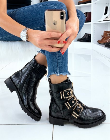 Black croc-effect high ankle boots with gold buckles