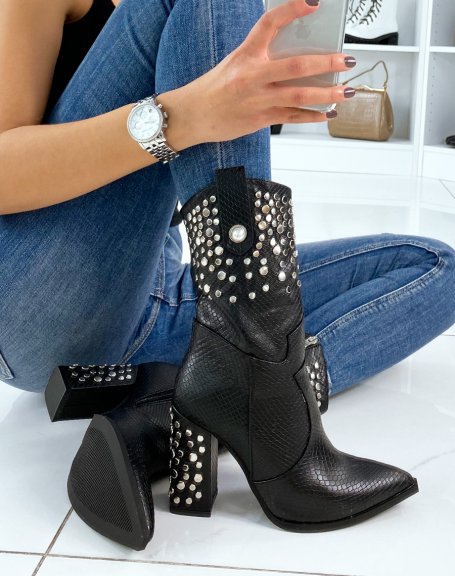 Black croc-effect high heeled ankle boots