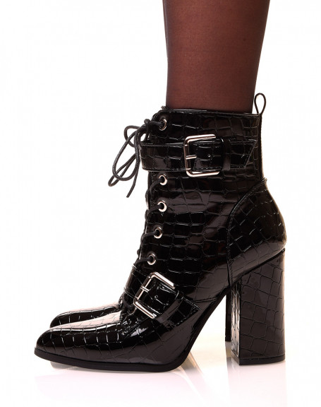 Black croc-effect lace-up heeled ankle boots