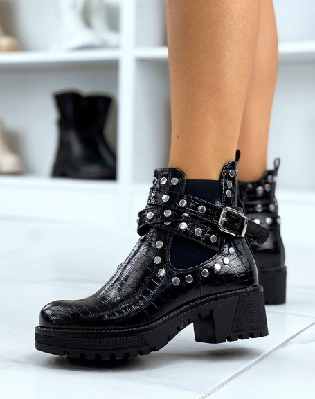 Black croc-effect mid-heel ankle boots