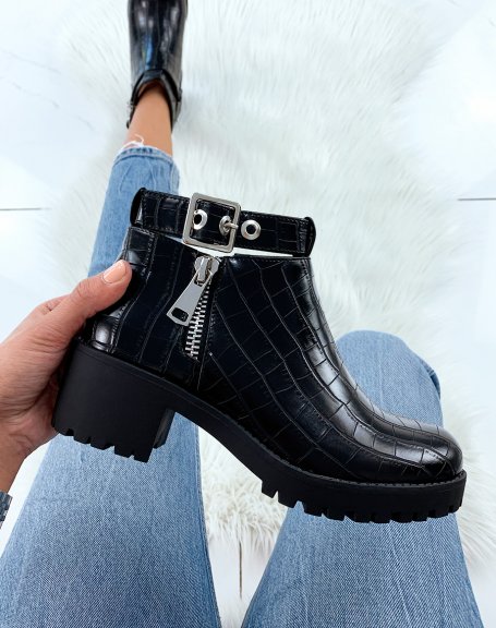 Black croc-effect open low ankle boots
