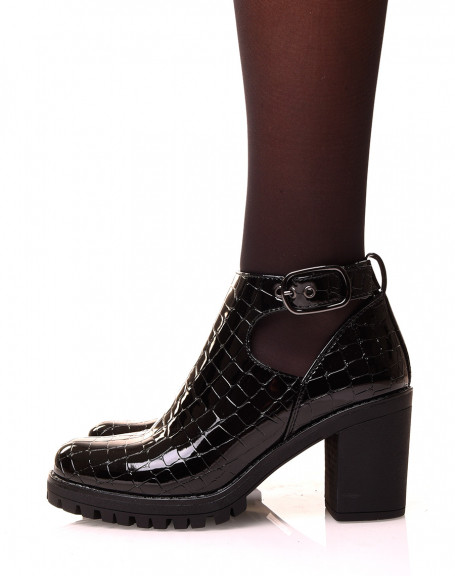 Black croc-effect patent leather ankle boot with open heel
