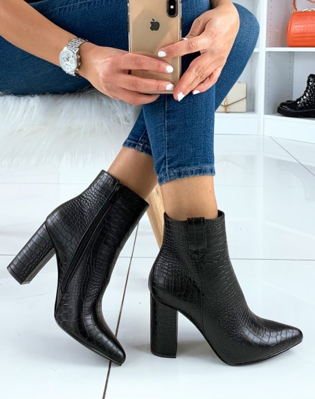 Black croc-effect pointed toe ankle boots