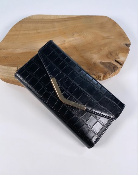 Black croc-effect wallet with gold detail