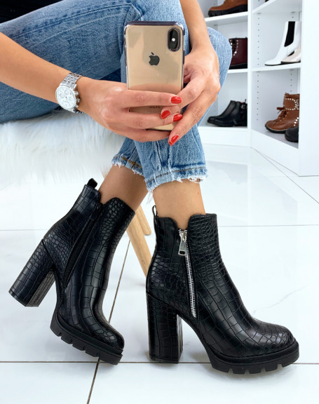 Black crocodile ankle boots with heel and silver zip detail