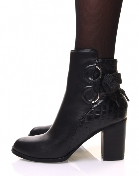 Black crocodile ankle boots with high heel and bow details