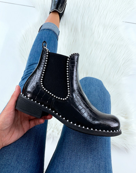 Black crocodile-effect ankle boots and silver ornamental pearl