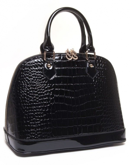 Black crocodile patent tote bag with two short handles