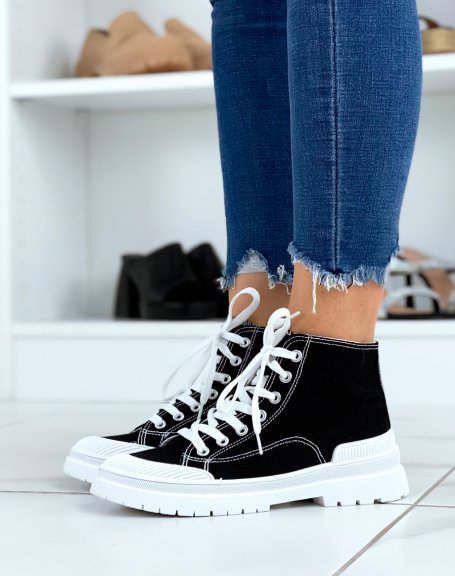 Black fabric high-top lace-up sneakers