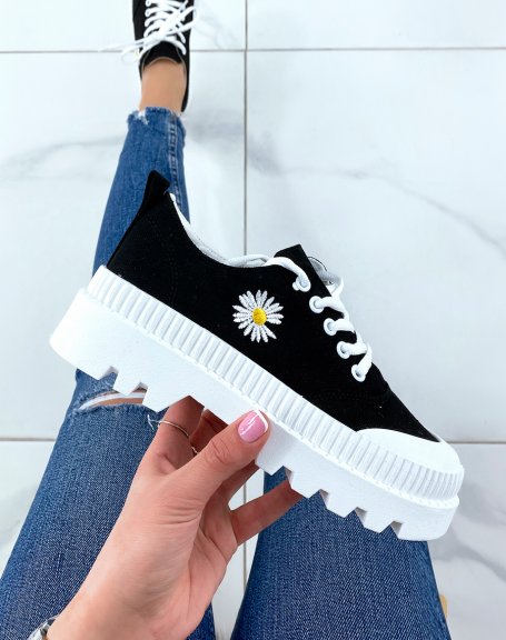 Black fabric sneakers with daisy and thick sole