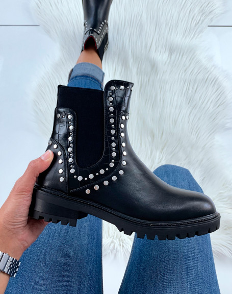 Black faux leather and croc-effect ankle boots with silver studs