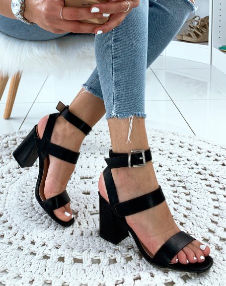 Black faux leather block heel multi-strap sandals