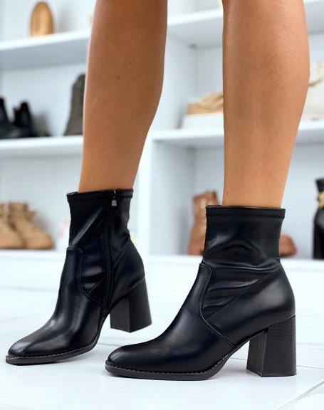 Black faux leather sock heel ankle boots