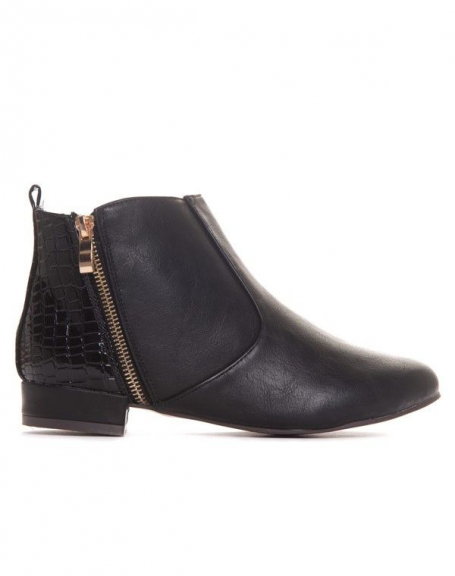 Black flat ankle boots with crocodile detail