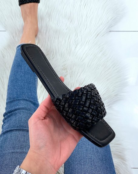 Black flat mules with braided strap and square toe