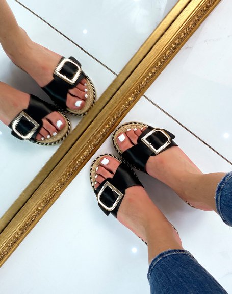 Black flat mules with gold detail