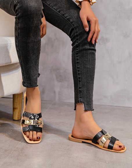 Black flat mules with interlocking straps and python and gold details