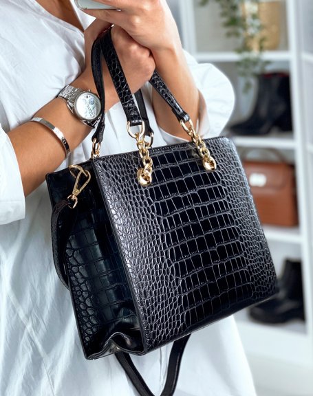 Black handbag with gold croc-effect detail