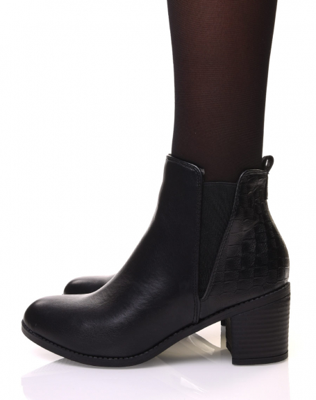 Black heeled ankle boots with crocodile print detail