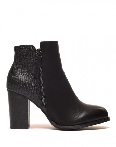 Black heeled ankle boots with python patterns