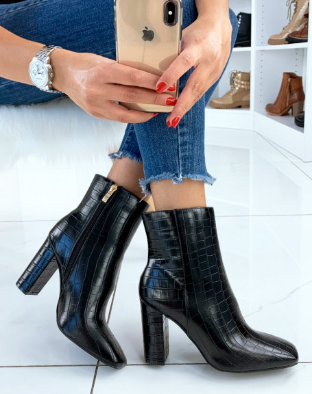 Black heeled croc-effect square-toe ankle boots