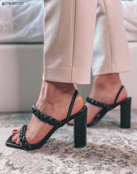 Black heeled sandals with multiple braided straps