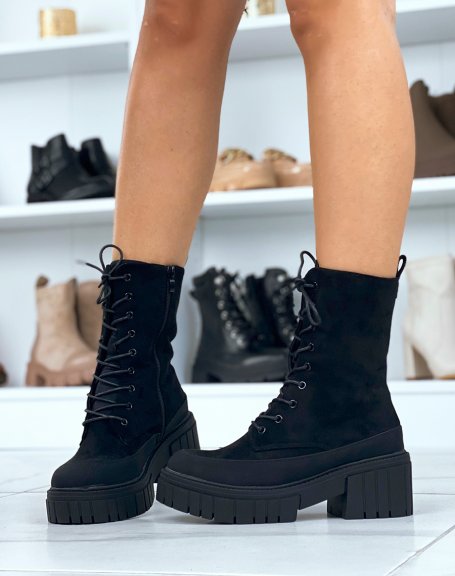 Black high ankle boots in suede with lace and chunky sole