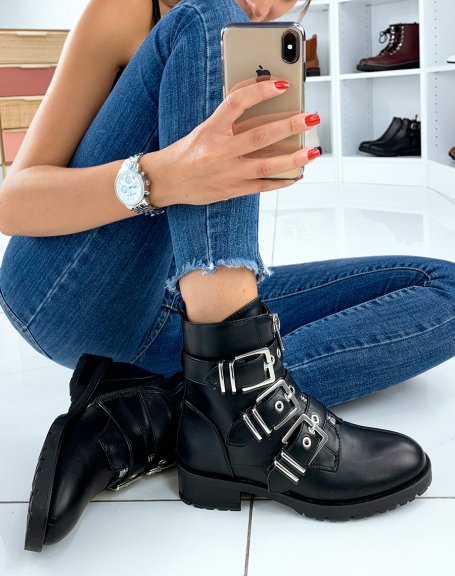 Black high ankle boots with silver buckles