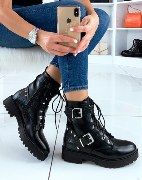 Black high ankle boots with straps and studded croc-effect details